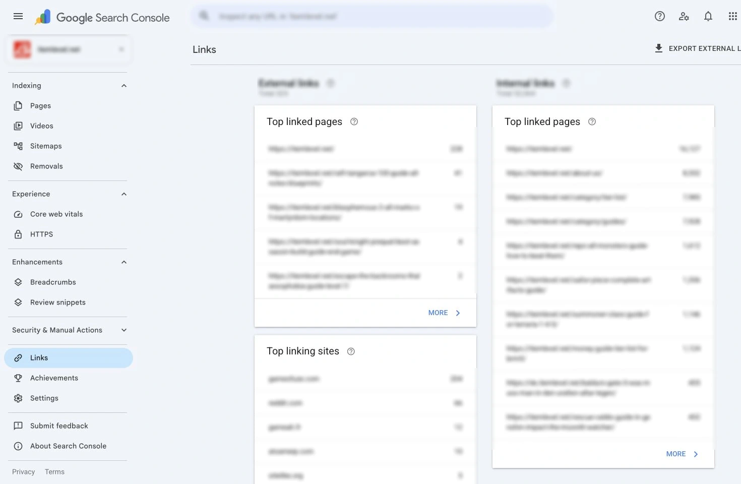 Google Search Console Links report with private property names, URLs, linking sites and exact totals securely redacted