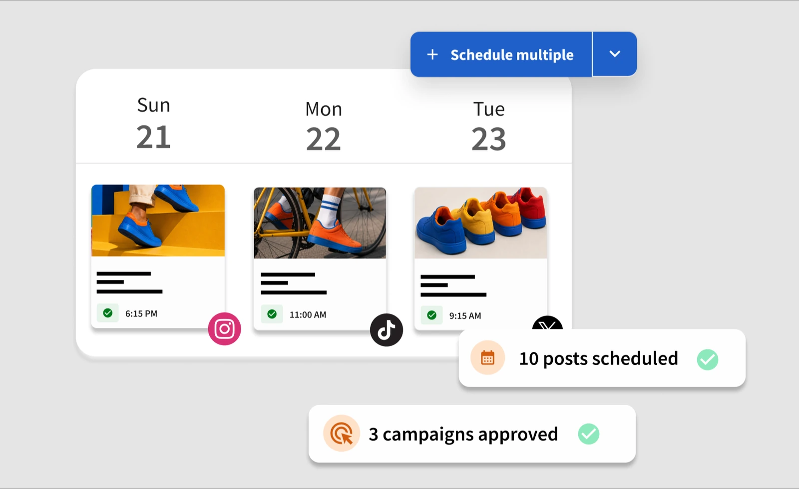 Hootsuite publishing interface showing scheduled social posts and campaign approval status