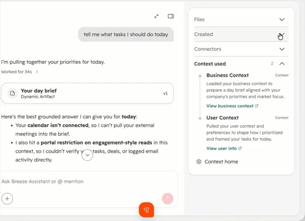 HubSpot Breeze Assistant interface showing a generated day brief and the CRM business and user context used for the answer