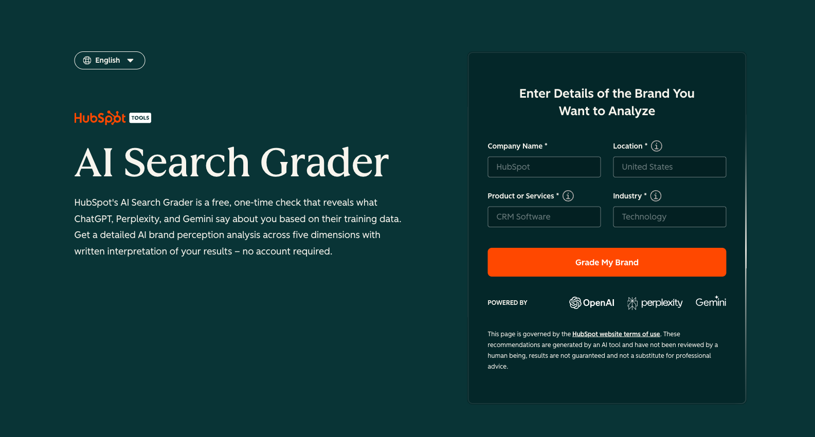 HubSpot AI Search Grader with fields for company name, location, product or services and industry, plus OpenAI, Perplexity and Gemini branding