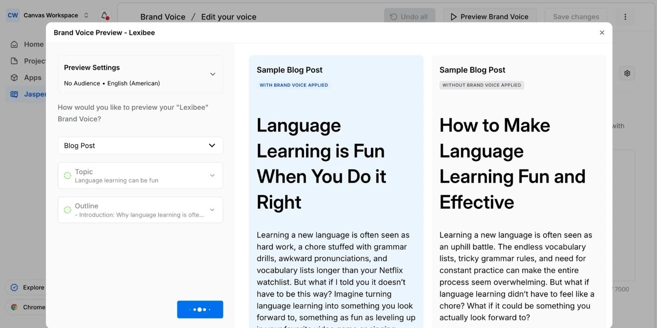 Jasper Brand Voice preview comparing a sample marketing article with and without the selected brand voice