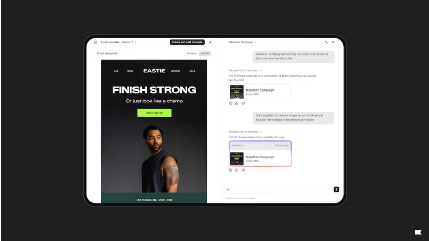 Klaviyo Composer interface generating and revising an ecommerce email campaign with an AI assistant