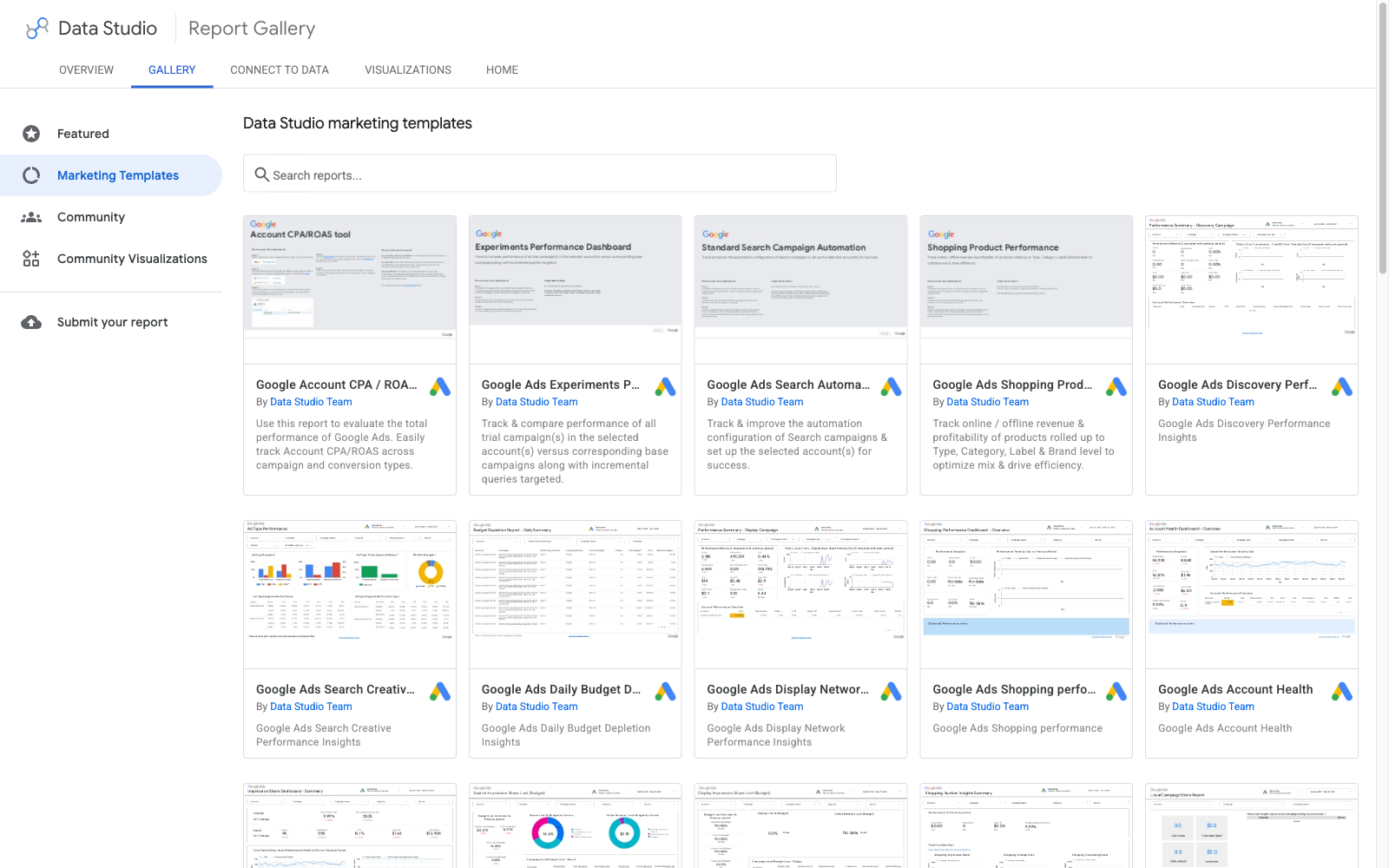 Google Data Studio, formerly Looker Studio, report gallery displaying marketing templates for Google Ads reporting