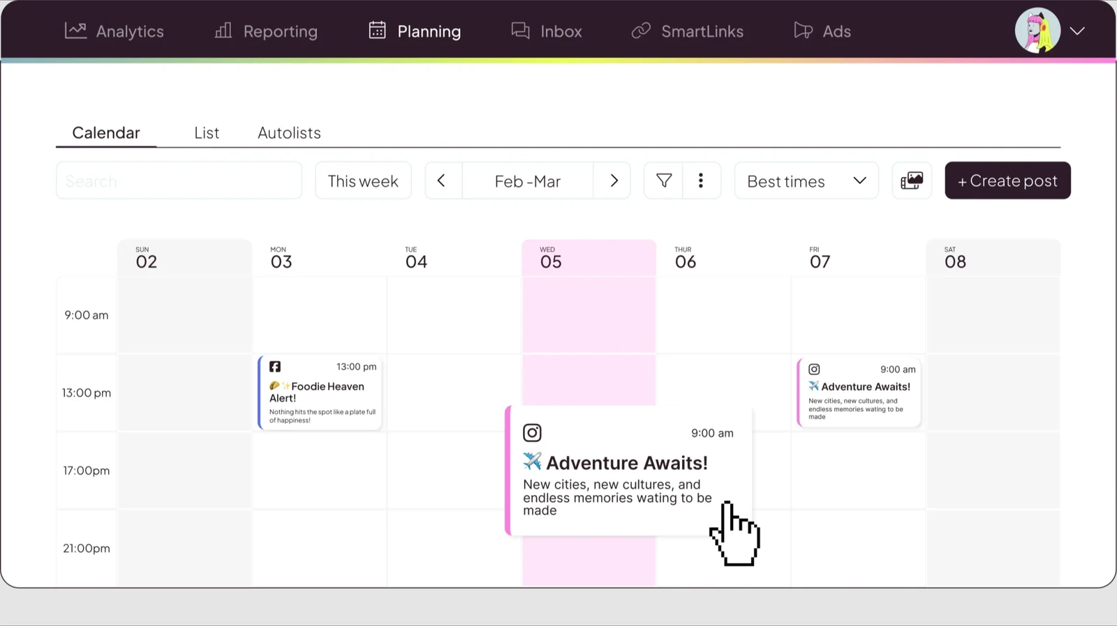 Metricool social media planner showing a weekly content calendar and scheduled posts