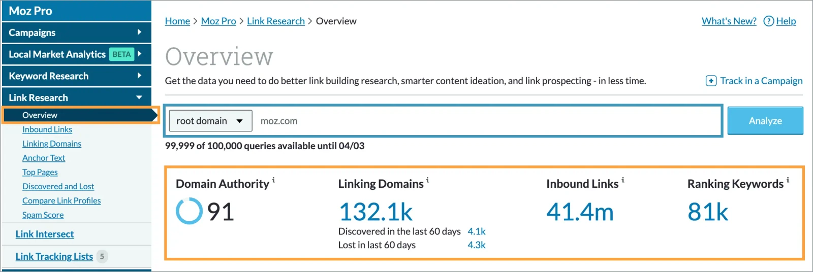 Moz Link Explorer showing Domain Authority, linking domains, inbound links and ranking keywords for moz.com
