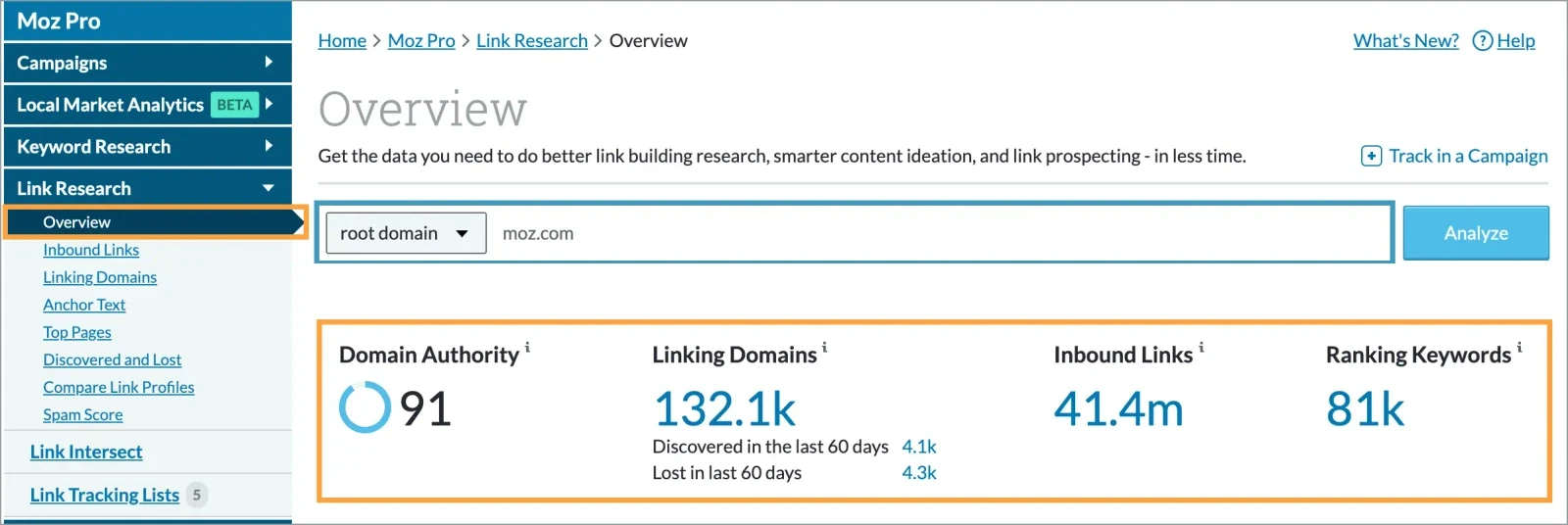 Moz Pro Link Explorer showing Domain Authority, linking domains, inbound links and ranking keywords for moz.com