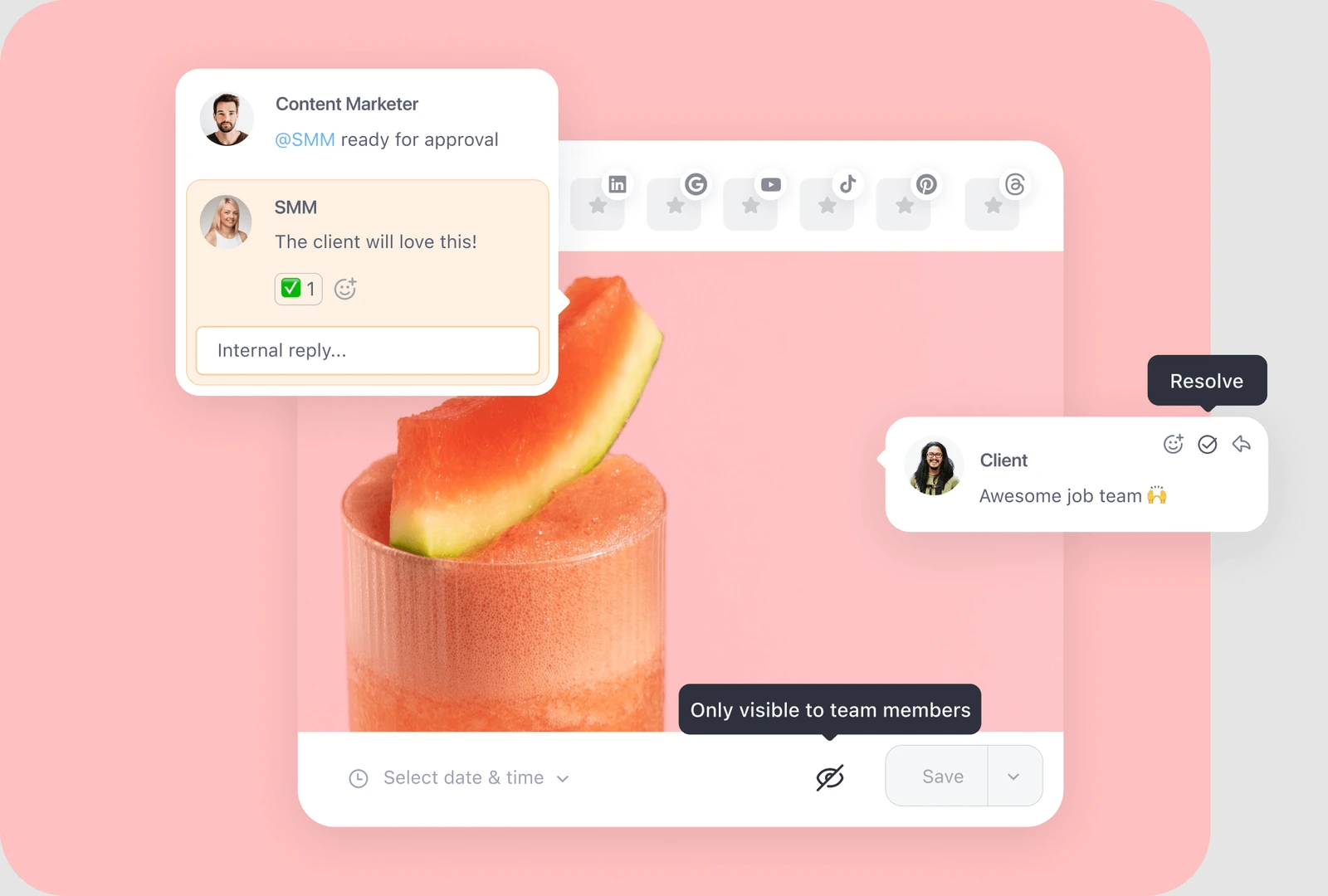Planable content collaboration interface showing comments, internal feedback and approval controls