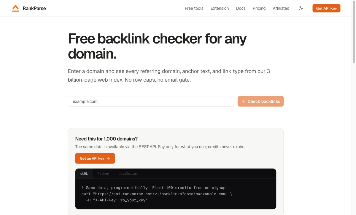 RankParse free backlink checker interface with a domain field and information about its backlink API