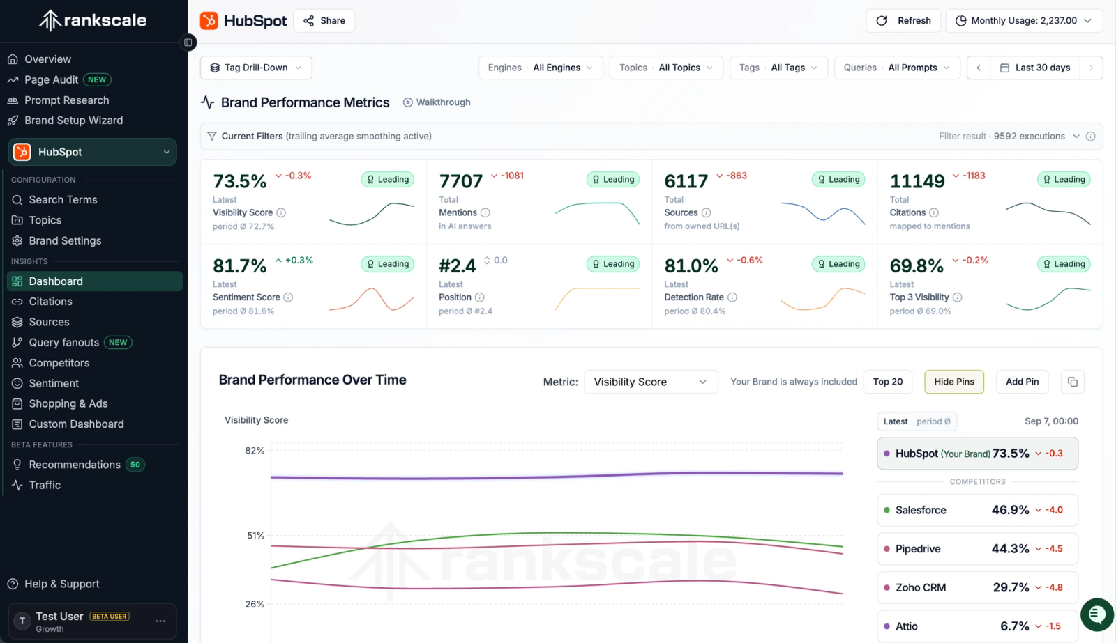 Rankscale Brand Performance Metrics dashboard with visibility, mentions, sources, citations and competitor trends for a public HubSpot example