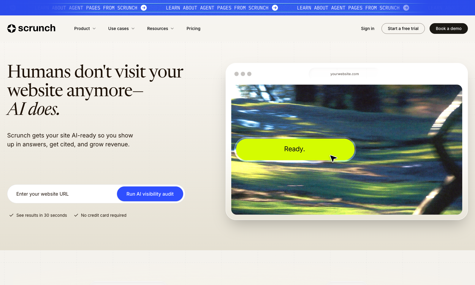 Scrunch public website showing its AI visibility audit entry point and free-trial access
