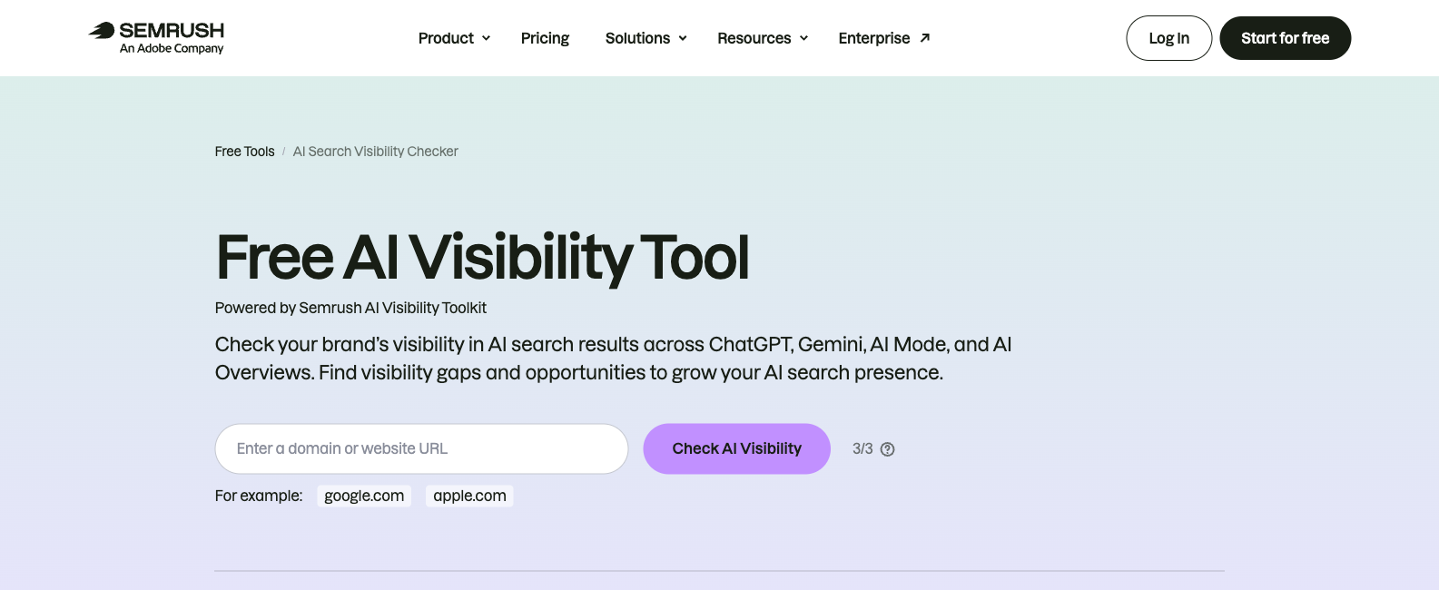 Semrush’s free AI Visibility Tool showing the website address field and Check AI Visibility button