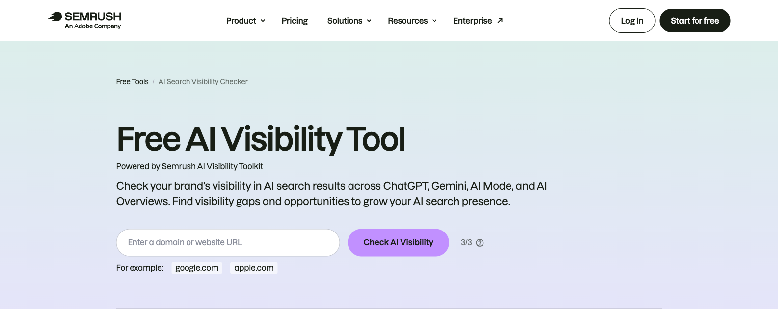 Semrush Free AI Visibility Tool showing an empty domain field, Check AI Visibility button and a three-of-three free-check counter