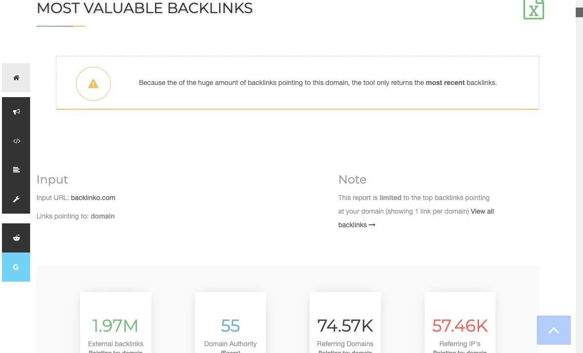 SEO Review Tools backlink report showing backlink totals, Domain Authority and referring-domain metrics for backlinko.com