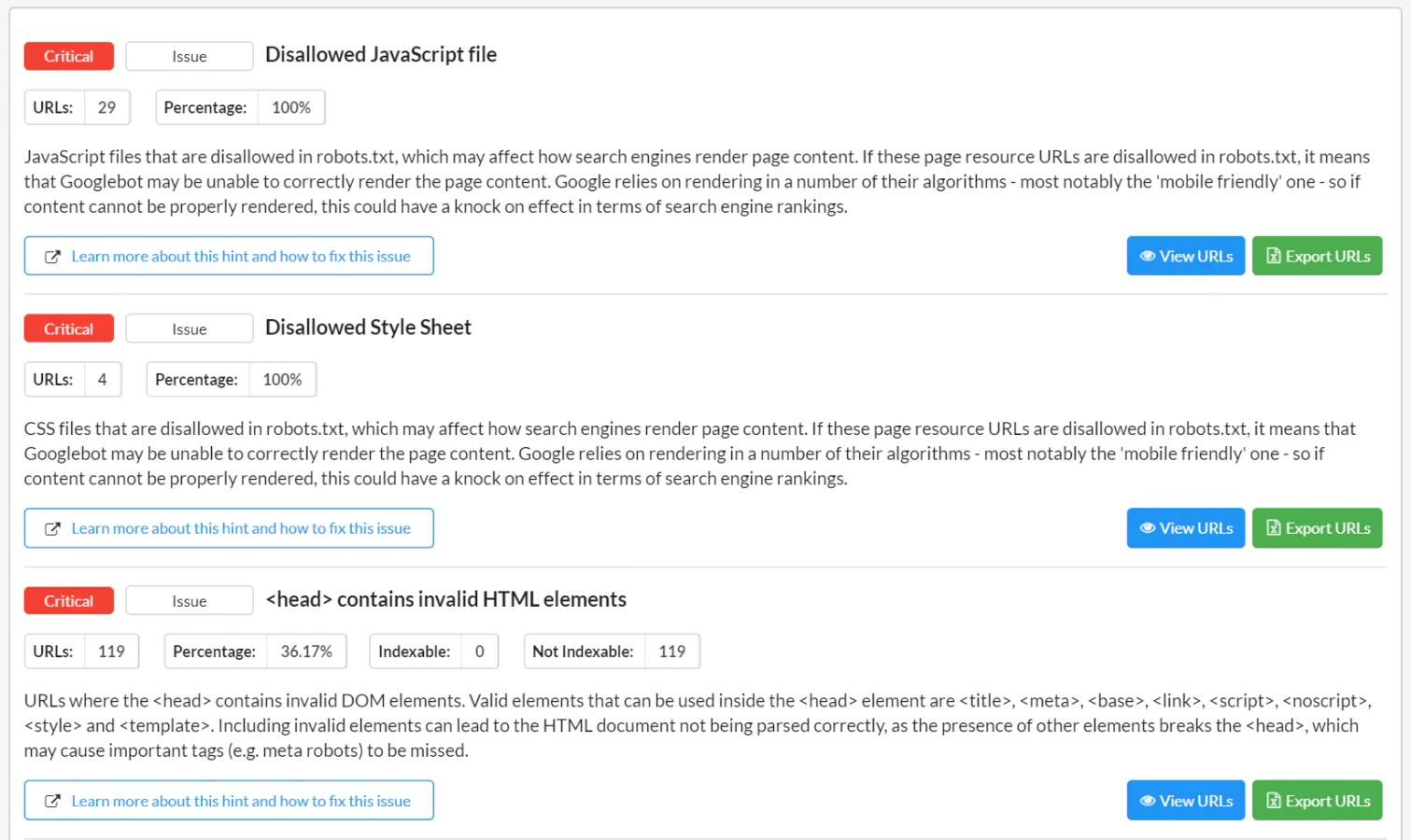 Sitebulb audit hints showing critical technical issues, affected URL counts and links to remediation guidance