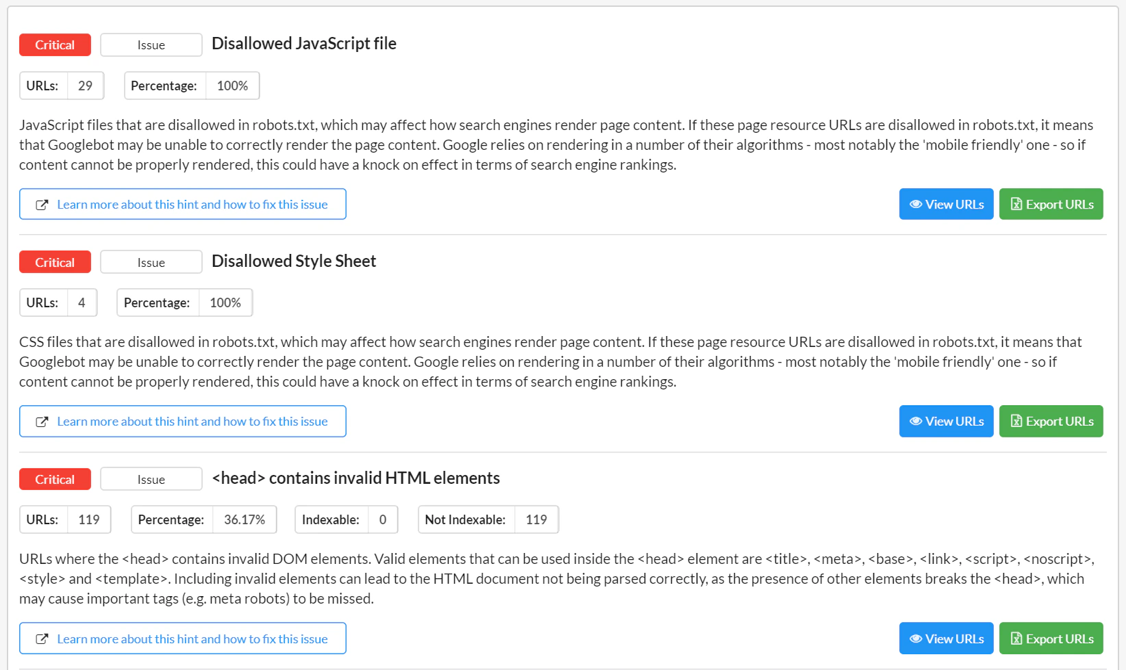 Sitebulb audit hints showing critical JavaScript, stylesheet and invalid HTML issues with affected URL counts and remediation links
