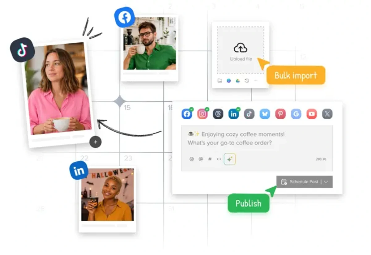 SocialPilot publishing interface showing a multi-platform social media scheduling workflow