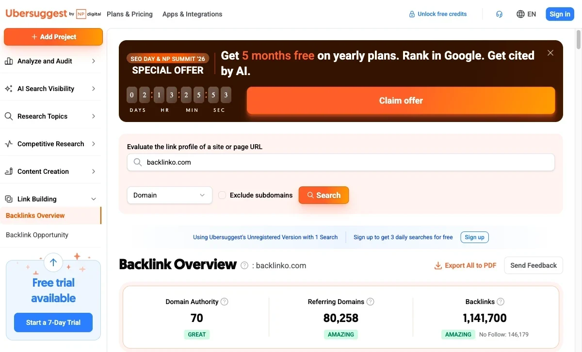 Ubersuggest Backlink Overview showing authority, referring domains and backlinks for the public backlinko.com domain