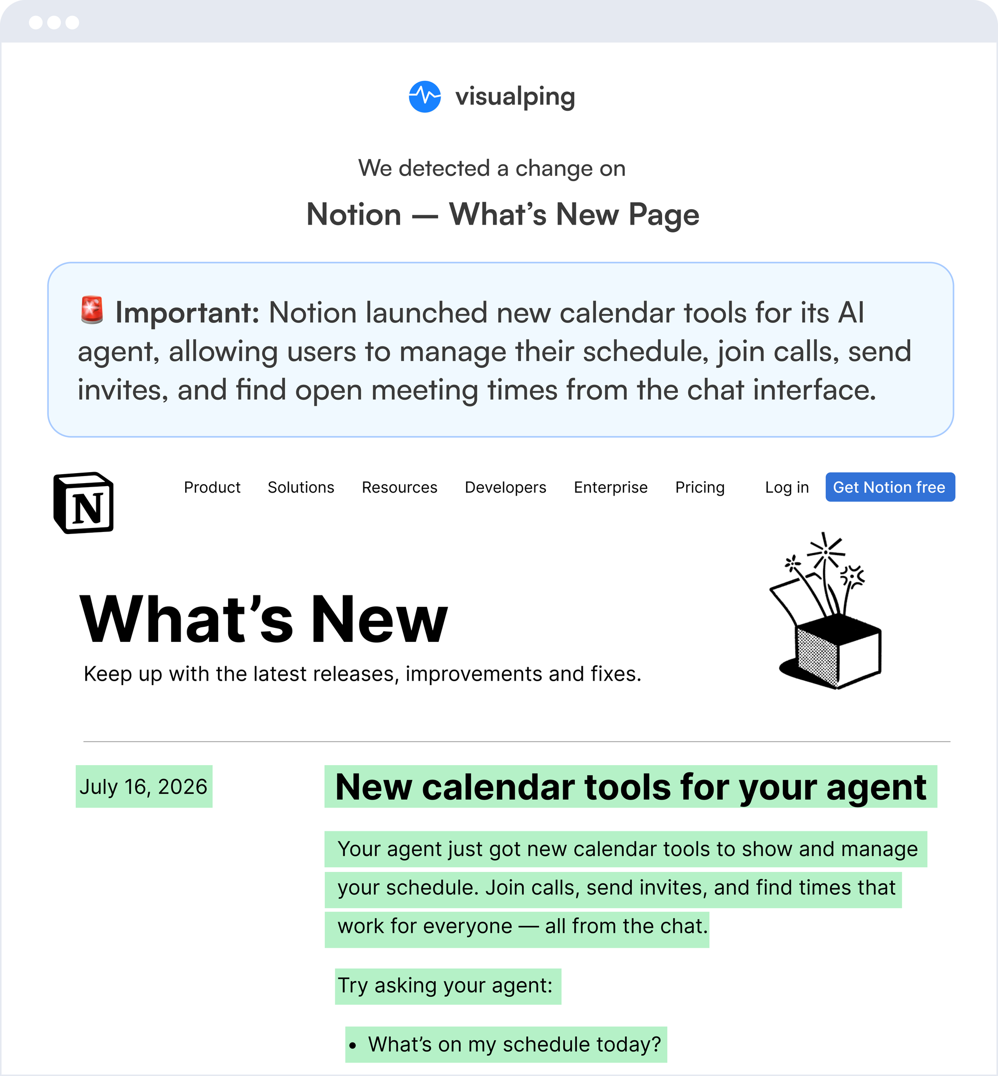 Visualping example alert summarising a Notion product-page change and highlighting the newly added text
