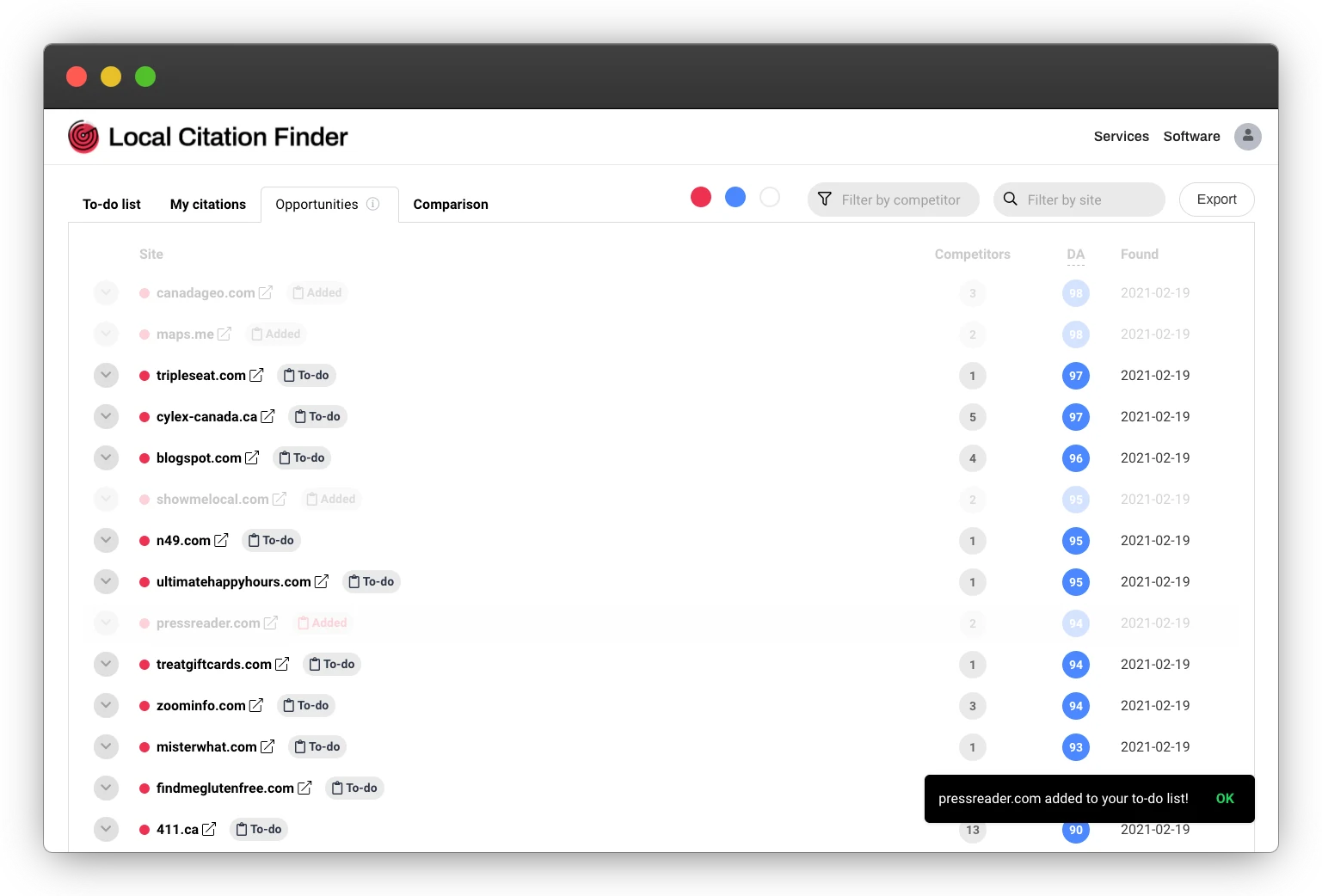 Whitespark Local Citation Finder showing citation opportunities and competitor comparison filters
